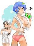  ass bad_anatomy bare_shoulders black_hair breasts cleavage cowboy_shot drink gakudou_(rom3boom) image_sample long_hair multiple_girls panties pixiv_sample scryed short_hair towel twisted_torso underwear white_background 