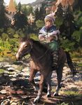  animal blonde_hair blue_eyes capelet hat highres horse horseback_riding jean_popo original outdoors riding scenery solo tree 