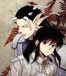  alternate_hair_color black_hair blue_eyes closed_eyes extra_ears horns jacket kurama long_hair male_focus multiple_boys obusare plant upper_body yomi_(yuu_yuu_hakusho) yuu_yuu_hakusho 