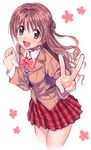  amezawa_koma blazer bow brown_hair idolmaster idolmaster_cinderella_girls jacket long_hair long_sleeves looking_at_viewer one_side_up open_mouth pink_eyes pleated_skirt school_uniform shimamura_uzuki shirt skirt smile solo v very_long_hair 