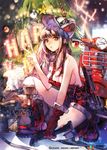  black_hair boots breasts christmas_tree cleavage ground_vehicle hat isaac_hein_iii kneeling large_breasts long_hair looking_at_viewer motor_vehicle motorcycle no_bra overalls parted_lips purple_eyes qurare_magic_library sideboob solo thighhighs v white_legwear wrench 