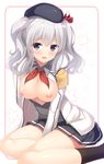  breasts breasts_outside hat kantai_collection kashima_(kantai_collection) large_breasts military military_uniform miniskirt nipples silver_hair skirt solo star tomoo_(tomo) twintails uniform 