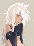 ahoge bare_shoulders black_gloves blush breasts brown_eyes elbow_gloves gloves long_hair looking_at_viewer messy_hair nekomegane open_mouth original silver_hair simple_background small_breasts solo underboob 