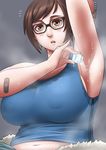  :o armpits bandaid bandaid_on_arm bead_bracelet beads belly bracelet breasts brown_eyes brown_hair covered_nipples exaxuxer glasses highres huge_breasts ice ice_cube jewelry looking_at_viewer mei_(overwatch) melting navel overwatch parted_lips plump short_hair solo steaming_body sweat tank_top 