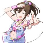 ;d belt blue_eyes brown_hair collarbone commentary_request hair_ribbon holding holding_microphone idolmaster idolmaster_million_live! ikuwataru_nagomi jewelry looking_at_viewer microphone midriff million_dreams navel necklace one_eye_closed open_mouth pink_ribbon pointing pointing_at_viewer ribbon satake_minako smile solo white_background wrist_cuffs 