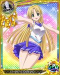  ahoge asia_argento bishop_(chess) blonde_hair blue_skirt card_(medium) character_name cheerleader chess_piece green_eyes high_school_dxd long_hair looking_at_viewer navel official_art open_mouth pleated_skirt skirt solo trading_card 