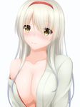  bangs bare_shoulders blush breasts cleavage closed_mouth collarbone eyebrows eyebrows_visible_through_hair eyes_visible_through_hair hairband japanese_clothes kantai_collection large_breasts long_hair loose_clothes loose_shirt off_shoulder shirt shoukaku_(kantai_collection) silver_hair simple_background smile solo straight_hair tapisuke upper_body white_background yellow_eyes 