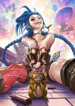  aircraft bare_shoulders blimp blue_hair braid dirigible fingerless_gloves gloves highres jinx_(league_of_legends) league_of_legends long_hair looking_at_viewer nail_polish one_eye_closed pink_eyes pointing pointing_at_viewer sinobilante smile solo spread_legs tattoo thighs twin_braids very_long_hair 
