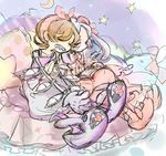  bed bloody_marie_(skullgirls) closed_eyes commentary_request hair_ornament mechanical_arms multiple_girls nightgown notoro orange_hair pajamas peacock_(skullgirls) pillow short_hair silver_hair skull skull_hair_ornament skull_heart skullgirls sky sleeping slippers star star_(sky) starry_sky twintails 