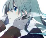  aqua_hair asagao_minoru blue_eyes blush breath bright_background close-up coat commentary_request gloves hair_between_eyes hajimete_no_koi_ga_owaru_toki_(vocaloid) hatsune_miku long_hair long_sleeves open_mouth out_of_frame scarf simple_background solo_focus steam tears twintails vocaloid 