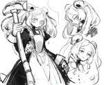  amulet apron bloody_marie_(skullgirls) character_sheet commentary_request greyscale hair_ornament half-closed_eyes looking_at_viewer maid monochrome multiple_views notoro short_hair sketch skull skull_hair_ornament skullgirls twintails vacuum_cleaner white_background 