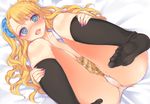  asymmetrical_hair black_legwear blonde_hair blue_eyes blush breasts cameltoe cardigan cleavage earrings feet galko gyaru heart heart-shaped_pupils huge_breasts jewelry knees_on_chest kogal long_hair looking_at_viewer lying mirei no_pants on_back one_side_up open_clothes open_mouth open_shirt oshiete!_galko-chan panties saliva scrunchie shirt side_bun smile socks solo symbol-shaped_pupils underwear 