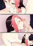  1girl arched_back cum cum_on_body erection facial fellatio green_eyes hanamei heart heart-shaped_pupils hetero highres multicolored_hair nude oral osu! penis penis_grab pippi_(osu!) saliva symbol-shaped_pupils top-down_bottom-up two-tone_hair 