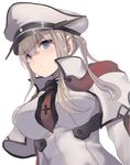  blonde_hair breasts capelet celtic_knot commentary_request cross dyson_(edaokunnsaikouya) graf_zeppelin_(kantai_collection) grey_eyes hair_between_eyes hat jacket kantai_collection large_breasts necktie peaked_cap sidelocks solo tsurime twintails 