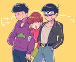  2boys belt brown_hair closed_eyes denim hairband hand_in_pocket hood hoodie jacket jeans locked_arms low_twintails matsuno_ichimatsu matsuno_karamatsu messy_hair multiple_boys oniyama831 osomatsu-kun osomatsu-san pants short_twintails simple_background single_vertical_stripe smile sunglasses track_pants twintails v-neck yellow_background yowai_totoko 