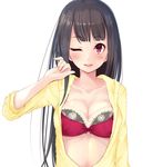  bangs black_hair blunt_bangs blush bra breasts cleavage collarbone hood hood_down hoodie ichinose_yuu long_hair looking_at_viewer medium_breasts one_eye_closed open_clothes open_hoodie original red_bra red_eyes simple_background smile solo underwear 