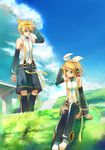  1girl absurdres blonde_hair blue_eyes cloud day detached_sleeves grass headphones highres kagamine_len kagamine_len_(append) kagamine_rin kagamine_rin_(append) kamisakai messy_hair navel navel_cutout see-through short_hair siblings thighhighs twins vocaloid vocaloid_append 