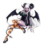  bat_wings blue_eyes breasts dark_skin ddongu demon_girl demon_horns demon_tail full_body heterochromia horns long_hair looking_at_viewer original pointy_ears silver_hair sitting skirt small_breasts smile solo striped striped_legwear tail thighhighs transparent_background very_long_hair wings yellow_eyes 