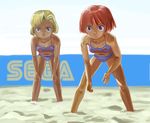  alternate_costume bangs beach beach_volleyball bent_over bikini blonde_hair blue_bikini blue_eyes breasts burning_rangers chris_parton closed_mouth collarbone day emblem full_body hands_on_own_knees legs_apart looking_at_viewer multiple_girls navel outdoors parted_lips red_hair sand sega short_hair sky small_breasts swimsuit tan tillis volleyball 