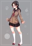  black_eyes black_hair blush cardigan full_body glasses grey_background long_hair mojake original ponytail school_uniform serafuku shoes skirt smile solo standing uniform uwabaki 