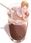  :d bad_id bad_pixiv_id bangs blush brown_hair chocolate cup drinking_glass drinking_straw dripping eyebrows flower from_above glass gochuumon_wa_usagi_desu_ka? hair_between_eyes hair_flower hair_ornament hairclip hoto_cocoa hoto_cocoa's_school_uniform ice ice_cube in_container kyuuma_(shimashima521) long_sleeves looking_at_viewer minigirl miniskirt neck_ribbon object_namesake open_mouth oversized_object partially_submerged pleated_skirt purple_eyes red_ribbon ribbon school_uniform shadow short_hair simple_background skirt smile solo water_drop white_background white_skirt 