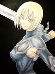  armor armpits black_background blonde_hair buckle clare_(claymore) claymore claymore_(sword) colored_pencil_(medium) highres leather mugi-moon pauldrons short_hair silver_eyes solo sword traditional_media weapon 