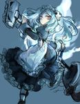  apron bloody_marie_(skullgirls) blue_background blue_fire commentary_request fire hair_ornament holding looking_at_viewer maid maid_headdress mary_janes notoro red_eyes shoes silver_hair skull skullgirls solo teeth twintails vacuum_cleaner 