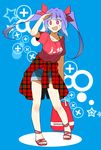  :d alternate_costume casual full_body hair_ribbon i-19_(kantai_collection) kantai_collection long_hair looking_at_viewer open_mouth purple_hair red_eyes ribbon smile solo suetake_(kinrui) tri_tails 