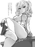  asanagi ass barefoot blush breasts convenient_leg epaulettes feet foreshortening greyscale kantai_collection kashima_(kantai_collection) large_breasts miniskirt monochrome no_hat no_headwear removing_sock simple_background sitting skirt smile sock_dangle sock_pull soles solo thighhighs toes translated tsurime twintails undressing white_background 