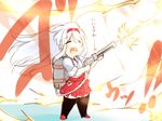  boots chibi closed_eyes flamethrower hairband headband japanese_clothes kantai_collection karakure_(kamo-nanban) long_hair miko muneate open_mouth shoukaku_(kantai_collection) smile solo thigh_boots thighhighs translated weapon white_hair 