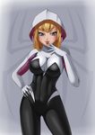  blonde_hair blue_eyes breasts cleavage eyelashes gwen_stacy hand_on_hip hood large_breasts lips looking_at_viewer razorkun skin_tight solo spider-gwen spider-man_(series) 