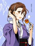  alternate_costume ashigara_(kantai_collection) brown_eyes brown_hair fang food hair_ornament hairclip japanese_clothes kantai_collection kimono long_hair looking_at_viewer sketch solo suetake_(kinrui) sweat takoyaki translated yukata 