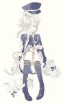  animal animal_on_head black_legwear closed_eyes full_body gokotai gokotai's_tigers hair_over_one_eye hand_on_own_cheek hat kneehighs male_focus military military_uniform nair on_head shorts sitting smile tiger tiger_cub touken_ranbu uniform white_hair white_tiger 