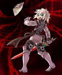  armored_boots boots chain full_body green_eyes grimoire_weiss highres holding holding_sword holding_weapon looking_back male_focus multicolored multicolored_background nier nier_(series) nier_(young) open_mouth short_hair shuusou_showa sword weapon white_hair 