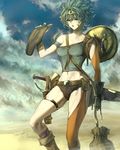  asymmetrical_legwear asymmetrical_sleeves bad_id bad_pixiv_id bag bandaged_arm bandages belt belt_pouch between_breasts blue_eyes boots bota_(container) breasts circlet curly_hair dagger day detached_sleeves dragon_quest dragon_quest_iv earrings gem gloves green_hair heroine_(dq4) holding holding_bag jewelry midriff navel orange_legwear outdoors pouch sheath sheathed shield short_hair shrimp_platter sky solo sword toned weapon 