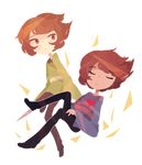  androgynous blush_stickers brown_hair chara_(undertale) closed_eyes closed_mouth frisk_(undertale) full_body heart knife multiple_others phantasmic red_eyes short_hair spoilers striped transparent_background undertale 