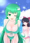 ;d bad_id bad_pixiv_id bent_over bikini black_hair breast_envy breast_squeeze breasts frog_hair_ornament front-tie_top green_eyes green_hair hair_ornament hair_tubes hakurei_reimu hifumiyo highres kochiya_sanae large_breasts looking_at_viewer multiple_girls naughty_face one_eye_closed open_mouth red_eyes side-tie_bikini side-tie_bottom small_breasts smile snake_hair_ornament swimsuit thigh_gap touhou tsurime 