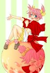  :d arc_the_lad arc_the_lad_ii back_bow blush bobby_socks bow choko_(arc_the_lad) hair_ribbon happy open_mouth pink_hair red_eyes red_hair ribbon shawl shoes short_hair short_twintails skirt smile socks solo twintails yellow_bow 