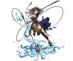  belt black_hair breasts cleavage feathers full_body granblue_fantasy large_breasts leaf long_hair minaba_hideo official_art older polearm purple_eyes sig_(granblue_fantasy) smile solo spear transparent_background water weapon 