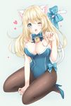  :3 adapted_costume animal_ears atago_(kantai_collection) bangs bare_shoulders bell between_legs black_legwear blonde_hair blue_bow blue_footwear blue_leotard blue_neckwear blue_ribbon blush bow bowtie breasts cat_ears cat_tail cleavage eyebrows eyebrows_visible_through_hair fang full_body hand_between_legs heart high_heels highres jingle_bell kantai_collection kemonomimi_mode kittysuit large_breasts leotard long_hair looking_at_viewer nanashiki_fuuka one_eye_closed pantyhose paw_pose ribbon shoes simple_background sitting solo tail tail_bow tail_ribbon 