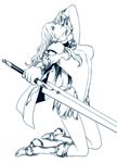  armor armored_boots bodysuit boots cape claymore claymore_(sword) full_body greyscale huge_weapon long_hair long_sword monochrome pauldrons satsuki_llab solo sword teresa_(claymore) weapon 
