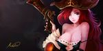  areola_slip areolae bare_shoulders blue_eyes breasts cleavage d-mouse dual_wielding gun handgun hat holding large_breasts league_of_legends lips long_hair nose pirate_hat red_hair sarah_fortune solo strap_slip weapon 