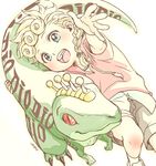  blonde_hair blue_eyes braid dinosaur from_above fukai_(yas_lions) giorno_giovanna hair_ornament hood hoodie jojo_no_kimyou_na_bouken open_mouth reaching_out scary_monsters_(stand) shorts signature smile steel_ball_run sweater 