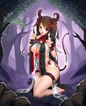  absurdly_long_hair areolae bare_legs bare_shoulders barefoot black_nails breasts brown_eyes brown_hair candy demon_tail eating food forest gem highres horns kneeling large_breasts long_hair looking_at_viewer naco_(manacool) nail_polish nature open_mouth original revealing_clothes shiny shiny_skin solo tail thigh_strap tongue tongue_out twintails very_long_hair 