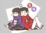  back-to-back brothers brown_hair cat highres hood hoodie male_focus matsuno_ichimatsu matsuno_osomatsu messy_hair multiple_boys osomatsu-kun osomatsu-san pants purple_background siblings sitting smile striped striped_background track_pants usaponnu 