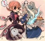  2girls apron bloody_marie_(skullgirls) blue_fire blush bow cake commentary_request dress eating eye_socket feeding fire food gloves hair_ornament hat looking_at_another maid maid_headdress mechanical_arms multiple_girls notoro open_mouth orange_hair peacock_(skullgirls) red_eyes short_hair skull skull_hair_ornament skullgirls speech_bubble spoken_exclamation_mark twintails white_gloves 