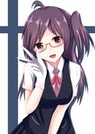  :d absurdres ahoge bangs bespectacled brown_eyes glasses gloves hagikaze_(kantai_collection) highres kantai_collection leaning_forward long_hair looking_at_viewer masmbel neck_ribbon one_side_up open_mouth parted_bangs purple_hair red-framed_eyewear red_ribbon ribbon school_uniform semi-rimless_eyewear short_sleeves skirt smile solo v vest white_gloves 