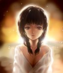  backlighting bad_id bad_pixiv_id braid breasts brown_background brown_eyes brown_hair cleavage collarbone cyphers garugaru highres long_hair looking_at_viewer parted_lips small_breasts solo twin_braids upper_body 