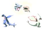  black_sclera claws closed_eyes fangs flygon garchomp gen_3_pokemon gen_4_pokemon gible happy highres looking_down no_humans open_mouth parka_(summersketch) pokemon pokemon_(creature) sad simple_background teeth trapinch wings 