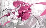  bandages cierra_(ra-bit) dress flandre_scarlet flying hat long_hair looking_at_viewer mob_cap monochrome open_mouth pink_dress pink_eyes puffy_short_sleeves puffy_sleeves shirt short_sleeves side_ponytail smile solo spot_color stairs stuffed_animal stuffed_bunny stuffed_toy touhou wings 